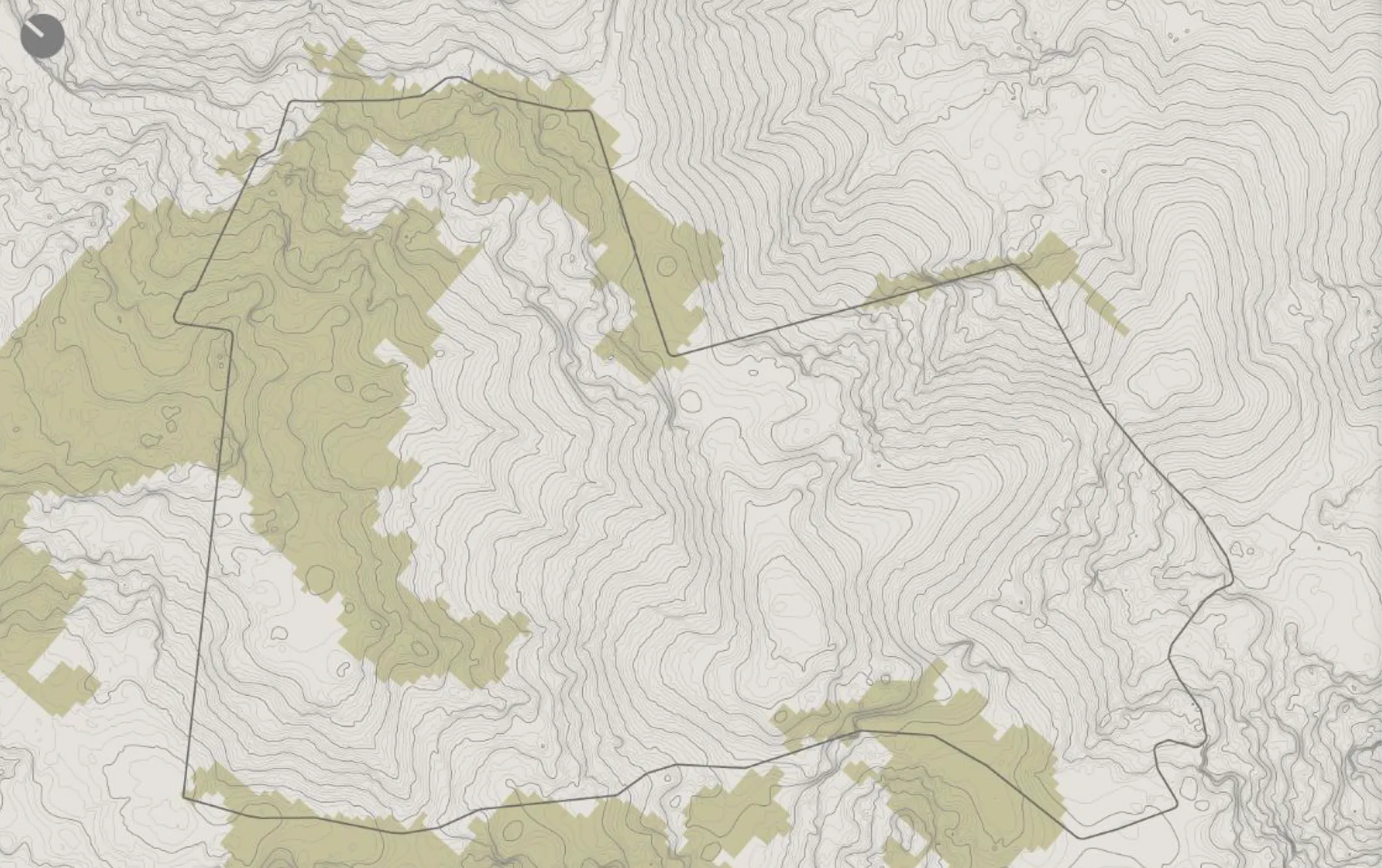 Contour map of the property with the secondary forest shaded